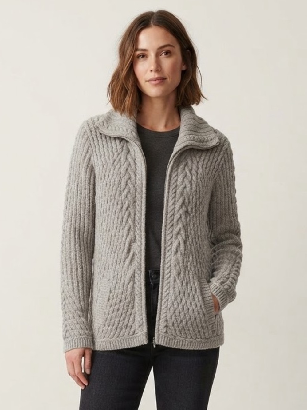 Aran Mor Sz S Grey Merino Wool Cable Knit Ireland Full Zip Fisherman Cardigan